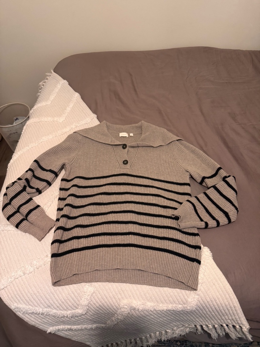 Cyrus Taupe Crewneck Sweater with Black Stripes